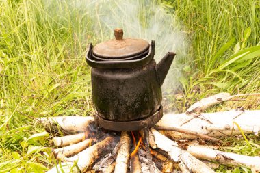 Ormandaki bir yangının üzerinde büyük bir çaydanlıkta demlenen kahve yeşil çimenlerin arka planına karşı ateş yakılır. Doğa yürüyüşü konsepti. Kamp ateşi..