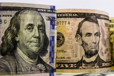 Amerikan Doları nakit para. arka plan bizden dolar. farklı banknot. Üstten Görünüm