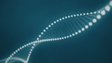 Mavi bir arka plan üzerinde beyaz ışık saçan moleküller tarafından kurulan dönen Dna dizisi