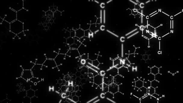 Kamera fliegt in chemische Formeln auf schwarzem Hintergrund