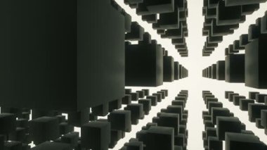 Beyaz arka plan üzerinde 3d siyah yansıtıcı küpler yapısında dönen kamera