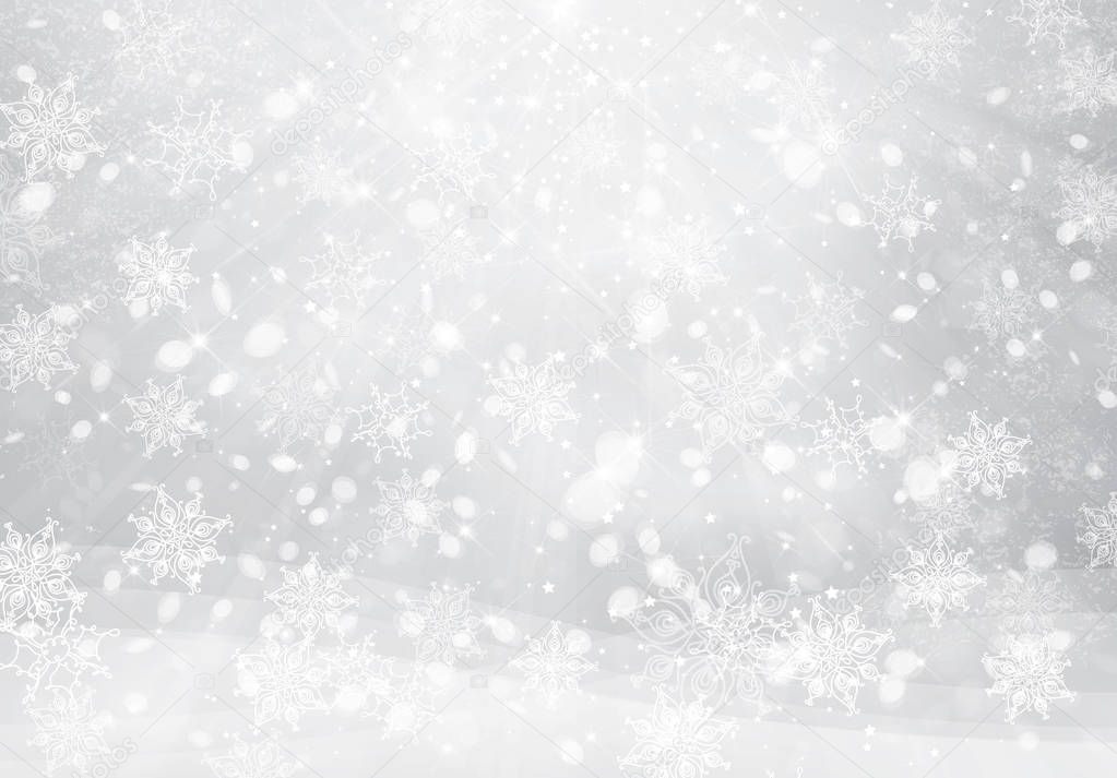 Falling snowflakes on silver background