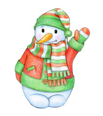 Renkli atkı ve şapka üzerinde beyaz izole karikatür kardan adam.