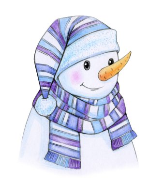 Çizgili atkı ve şapka üzerinde beyaz izole karikatür kardan adam