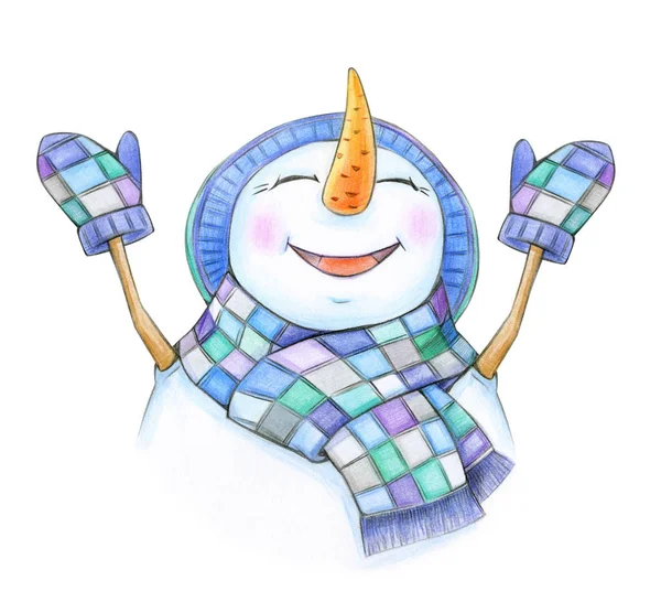 Happy snowman cartoon in colorful scarf and hat isolated on white.