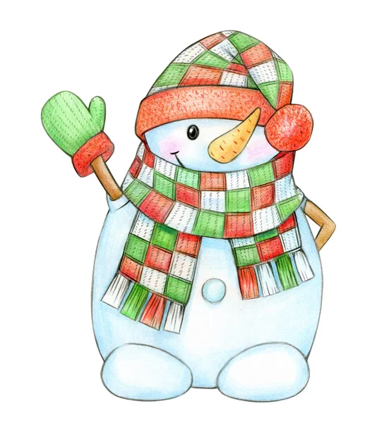 Cartoon Snowman Colorful Scarf Hat Isolated White — Stock Photo, Image