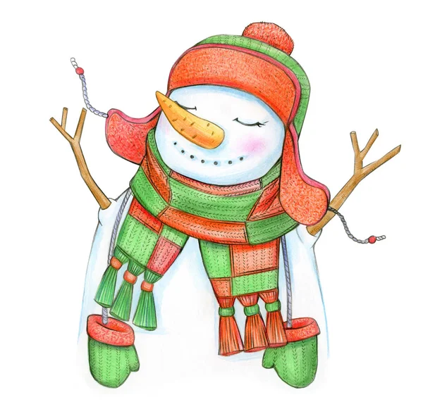 Cartoon Snowman Colorful Scarf Hat Isolated White — Stock Photo, Image