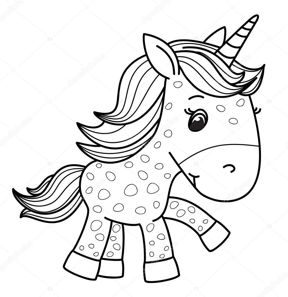 Vector cute baby unicorn, black silhouette, isolated on white.