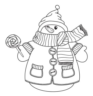 Beyaz boyama izole vektör sevimli kardan adam çizgi film, siyah siluet.