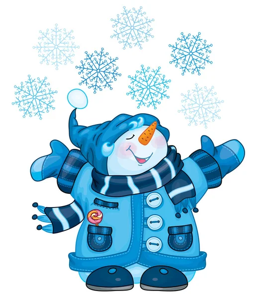 Vector Feliz Muñeco Nieve Dibujos Animados Copos Nieve Aislado Blanco — Vector de stock