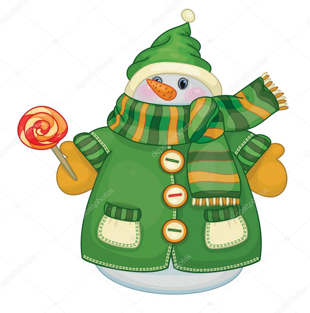 Vector cute snowman cartoon holding candy,   isolated on white.