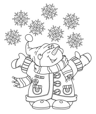 Beyaz boyama izole vektör mutlu kardan adam çizgi film, siyah siluet.