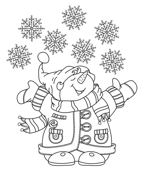 Вектор Щасливий Сніговик Мультфільм Чорний Силует Ізольований Білому Розмальовки — стоковий вектор