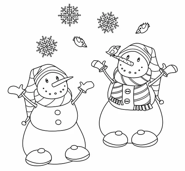 Векторні Щасливі Сніговики Мультфільми Чорний Силует Ізольовані Білому Розмальовки — стоковий вектор