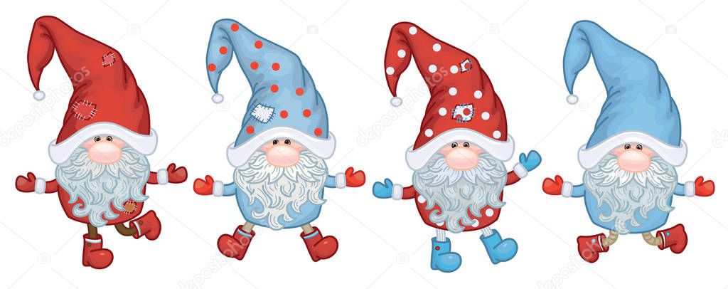 colored magical gnomes on white background