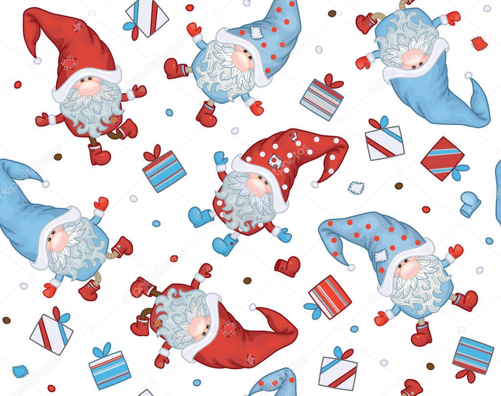 Christmas seamless pattern with gnomes and gifts on white background