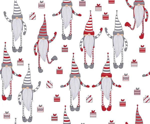 Modèle Sans Couture Noël Avec Gnomes Cadeaux Sur Fond Blanc — Image vectorielle