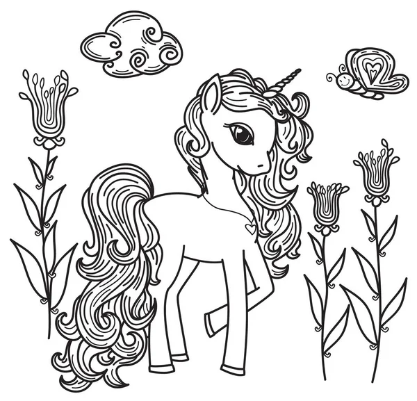 Vector Lindo Unicornio Dibujos Animados Flores Silueta Negra Aislado Blanco — Archivo Imágenes Vectoriales