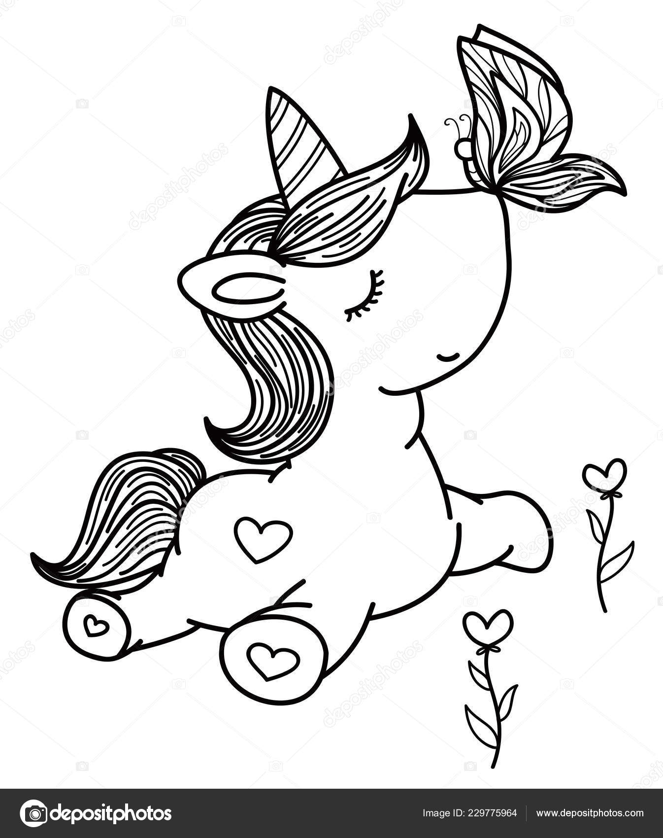 Cute Unicorn  Butterfly  Black Silhouettes Coloring   Stock 