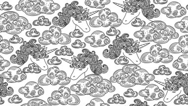 şirin seamless modeli, tek boynuzlu at bulutların siluetleri siyah. 