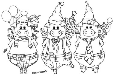 funny pigs with gifts, black silhouettes for coloring clipart
