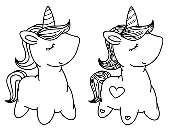 Lindo Unicornios Dibujos Animados Siluetas Negras — Vector de stock