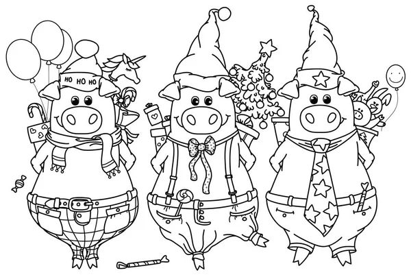 有趣的猪与礼物 黑色剪影为着色 — 图库矢量图片