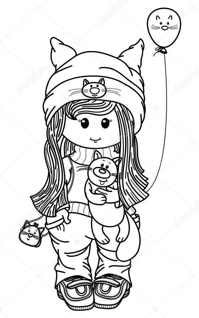cute girl cartoon holding kitten, black silhouettes for coloring.