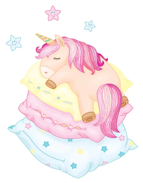 Vecteur Mignon Licorne Dessin Animé Dormir Sur Oreillers Isolé Sur — Image vectorielle