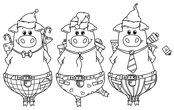 向量滑稽的猪与礼物 黑色剪影为着色 圣诞猪卡通片 — 图库矢量图片