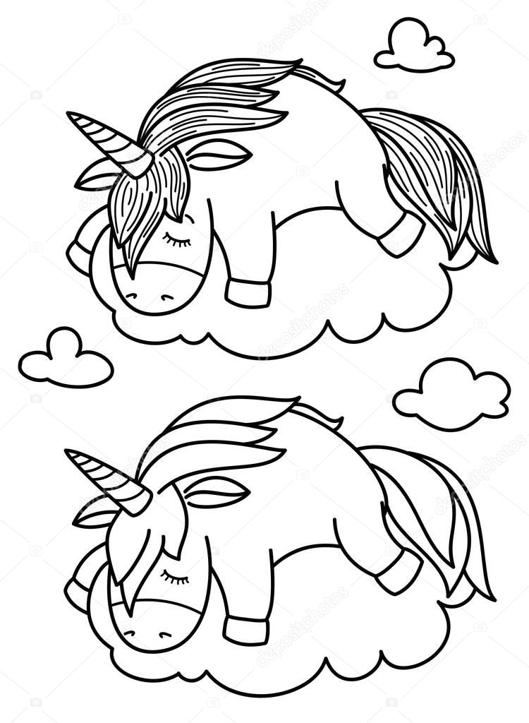 Vector cute, sleeping  unicorn on cloud, black silhouettes for coloring.  