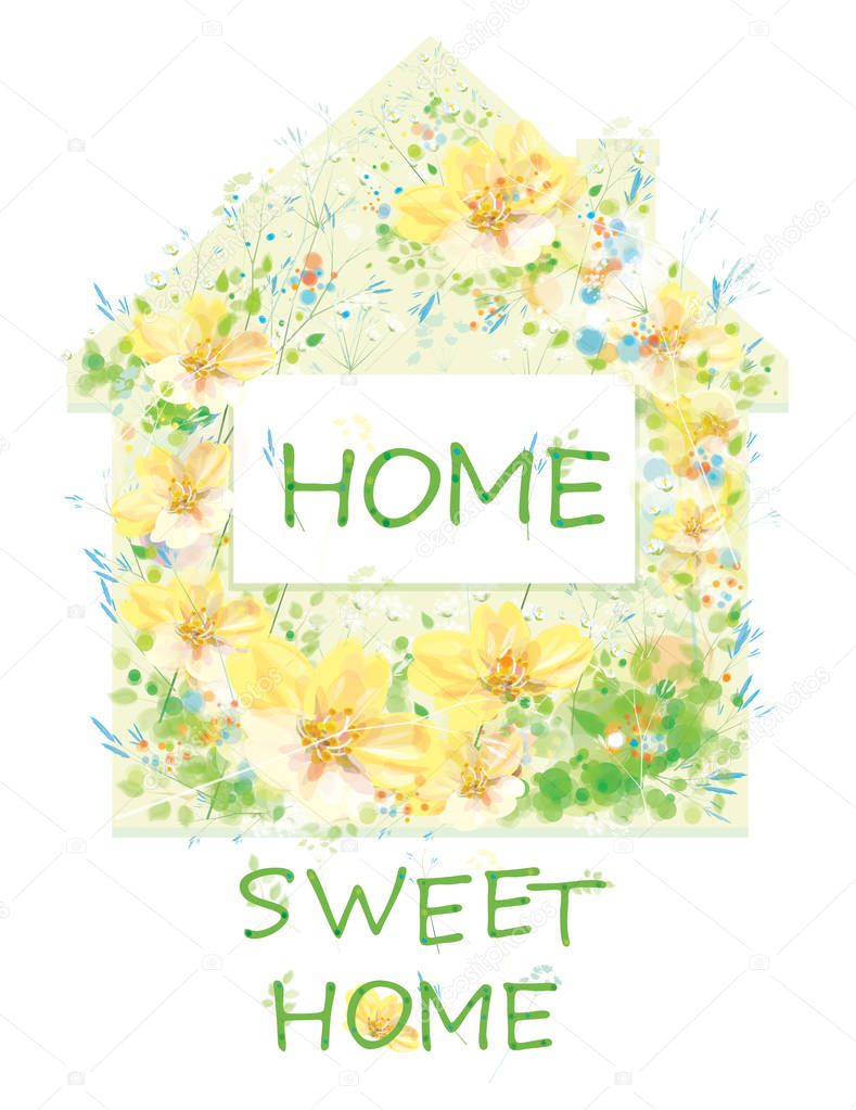 floral background with home sweet home inscription, vector illustration