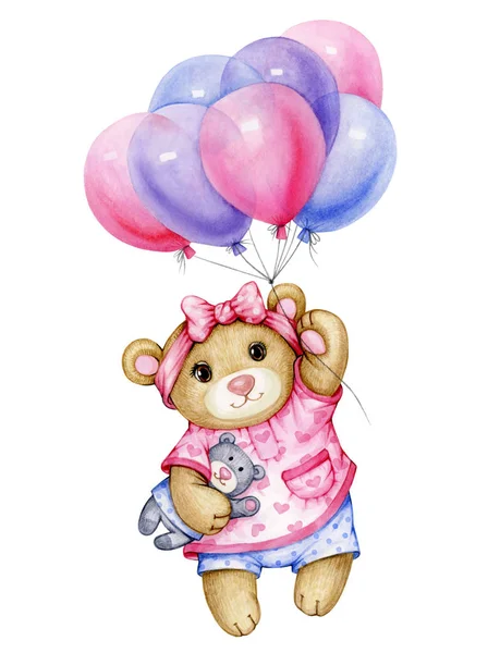 Cute  baby bear cartoon with balloons, isolated on white.