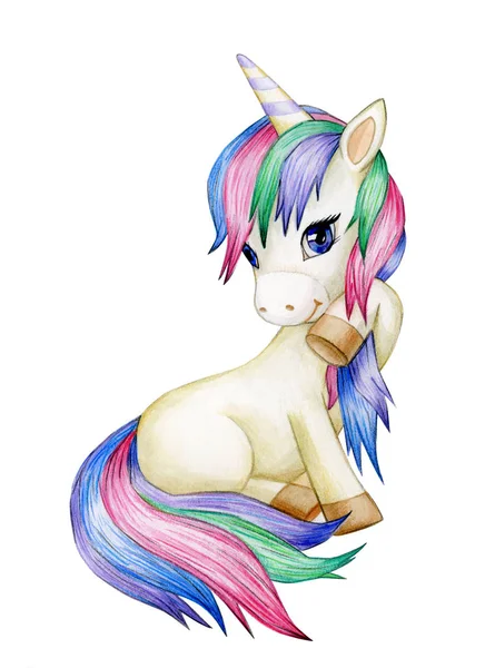 Cute Sitting Unicorn Cartoon Isolated White — Stock Photo, Image