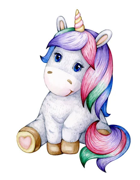 Schattig zittend baby Unicorn cartoon, geïsoleerd op wit. — Stockfoto