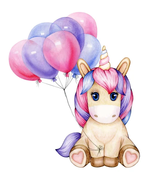 Söt sittande bebis Unicorn tecknad med ballonger, isolerad på w — Stockfoto