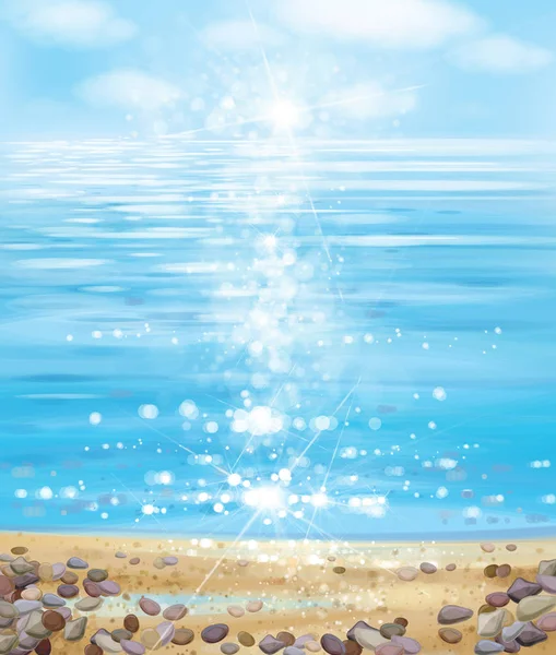 Векторный океан с голубым небом, песчаным пляжем и камнями . — стоковый вектор