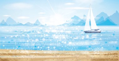 Güneş ışığı, bokeh etkisi yat ile Vektör mavi deniz scape.