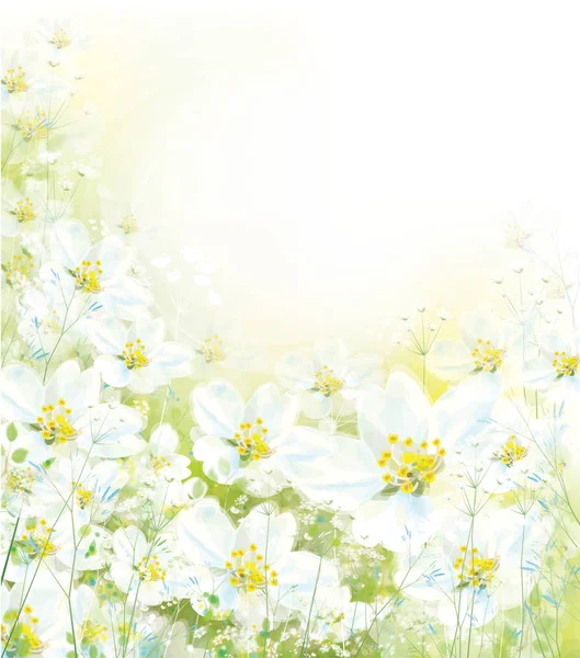 Fondo floral vectorial. Flores blancas sobre fondo bokeh verde — Vector de stock