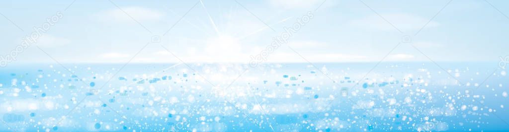 Vector  ocean with blue  sky and sunshine, bokeh effect.