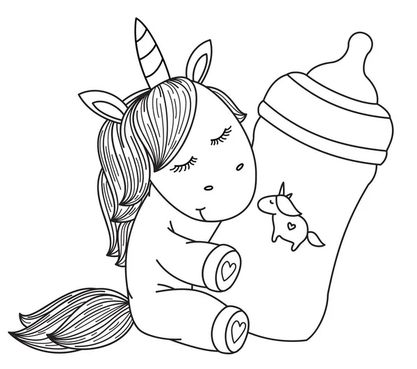 Vector Baby Unicorn Cartoon Holding Flaska Svart Silhuett För Färgning — Stock vektor