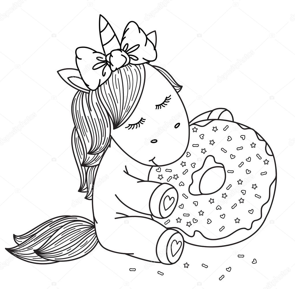 Vector cute unicorn cartoon eating donut, black silhouette for coloring.  
