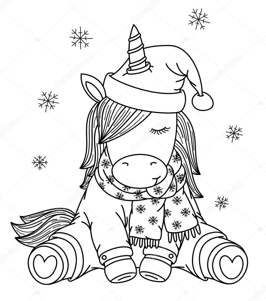 Vector  unicorn cartoon in Christmas hat, black silhouette for coloring.  