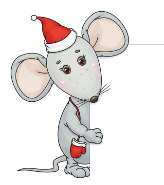Noel şapkalı şirin, gri fare çizgi filmi.