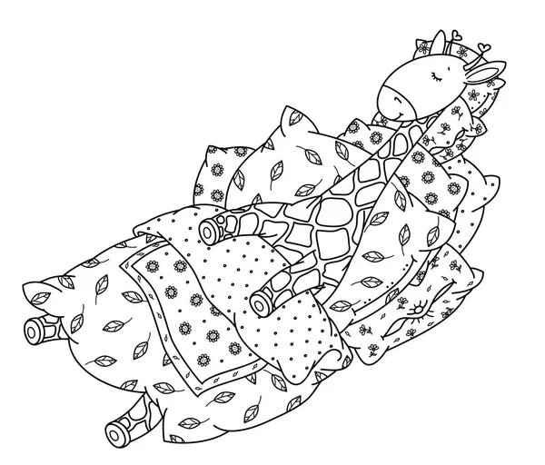 Вектор милый, спящий жираф в постели, черные силуэты . — стоковый вектор