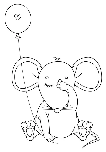 Διάνυσμα χαριτωμένο, κάθεται ποντίκι με μπαλόνι, μαύρη σιλουέτα. — Διανυσματικό Αρχείο