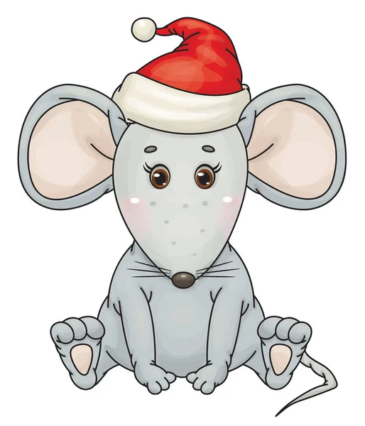 头戴圣诞礼帽的可爱的、坐着的灰色老鼠卡通画. — 图库矢量图片