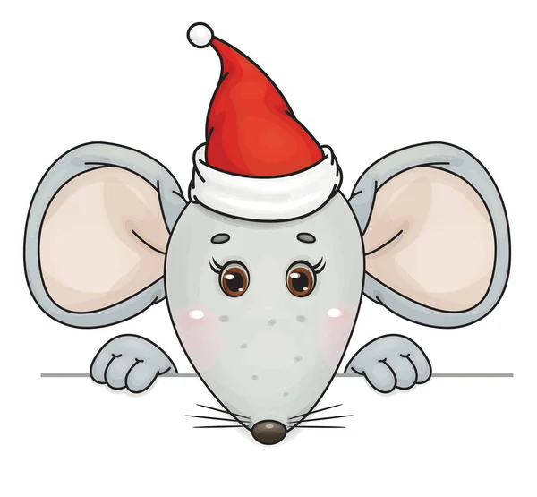 Vector cute, grey  mouse  cartoon in Christmas hat. — Stock Vector