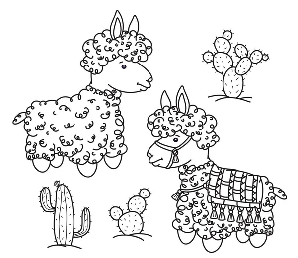 Vector baby lama cartoon en cactussen, zwart silhouet. — Stockvector