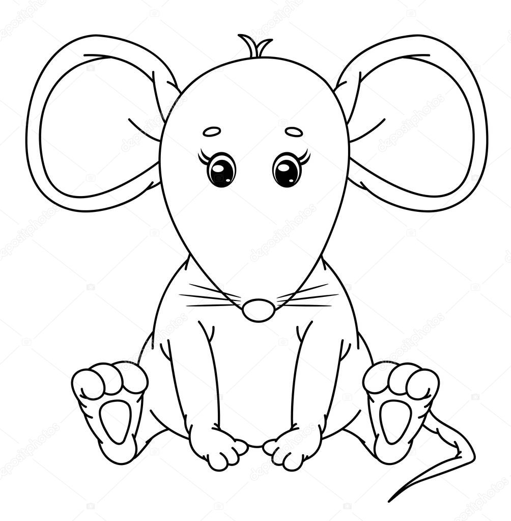 Vector cute,  sitting mouse, black silhouette for coloring.  